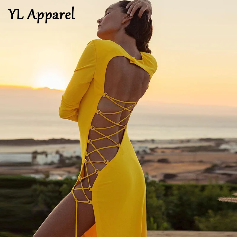 

2022 Spring Summer Long Sleeve Backless High Split Party Dresses Women's Sexy Hollow Out Lace Up Bandage Long Maxi Yellow Dress