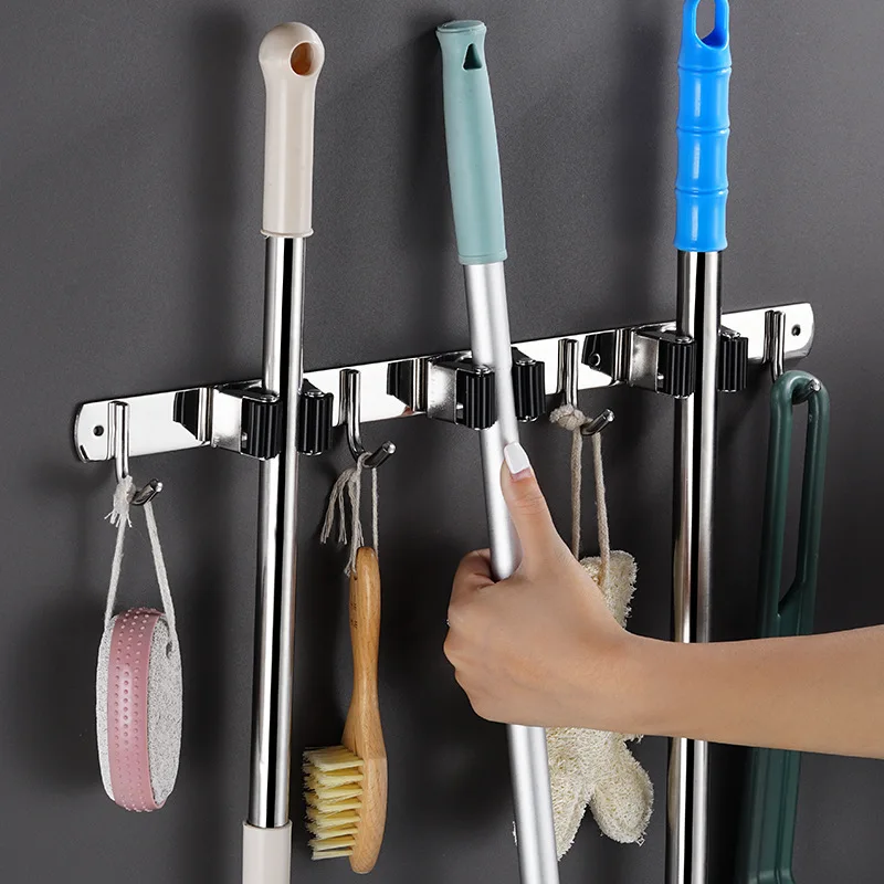 Wall Mounted Broom Holder Multifunctional Kitchen Bathroom Organizer Stainless Steel Mop Brush Mops Storage Hanger with Hook