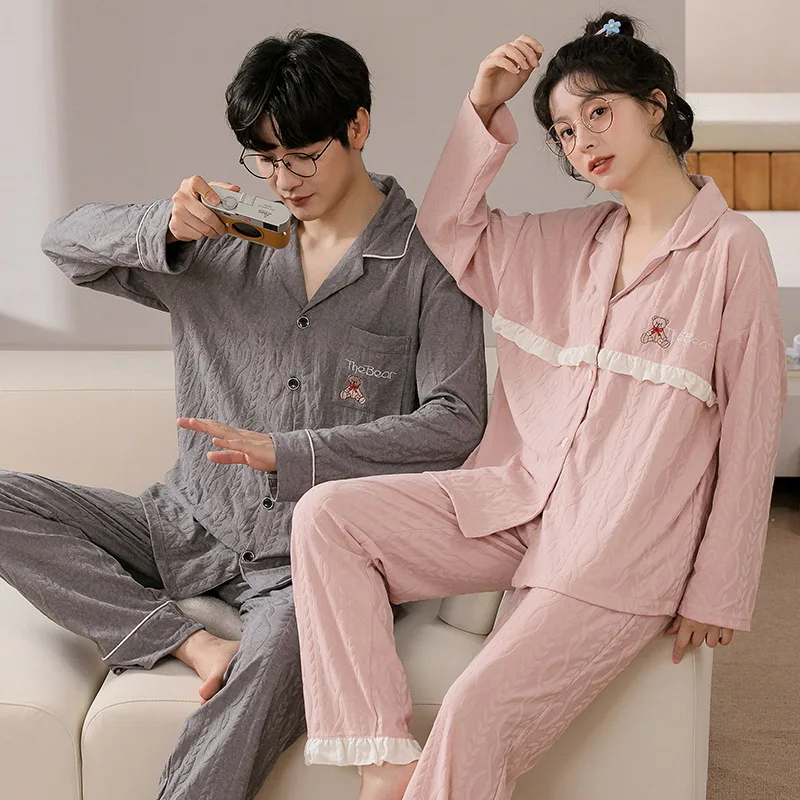 Couple Matching Pajamas Spring and Autumn Pajamas Long-sleeved Turnover Collar New Korean Style Fresh Home Set Casual Cardigan