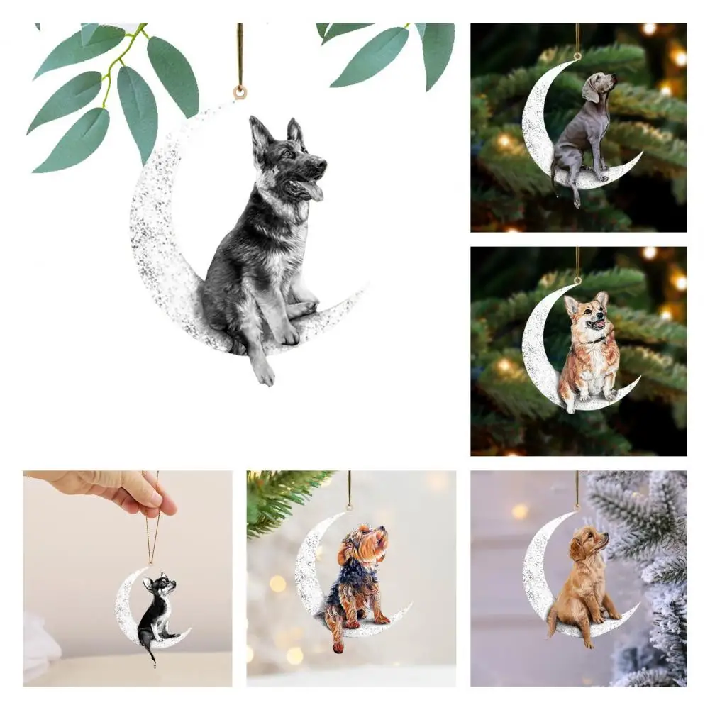 

2D Flat Car Hanging Pendant Arcylic Cute Dog Sitting On The Moon Key Backpack Hanging Ornament for Car Rearview Mirror Christmas