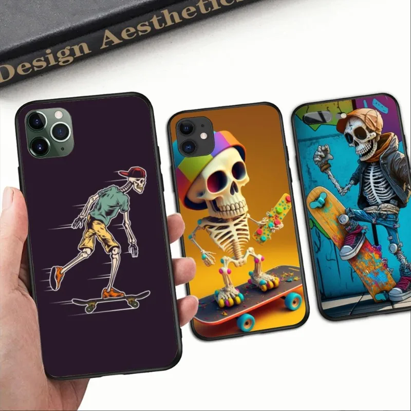 Скелет скейтборд чехол для телефона iPhone 14 13 12 11 XS X 8 7 6 Plus Mini Pro Max SE 2022 черный мягкий