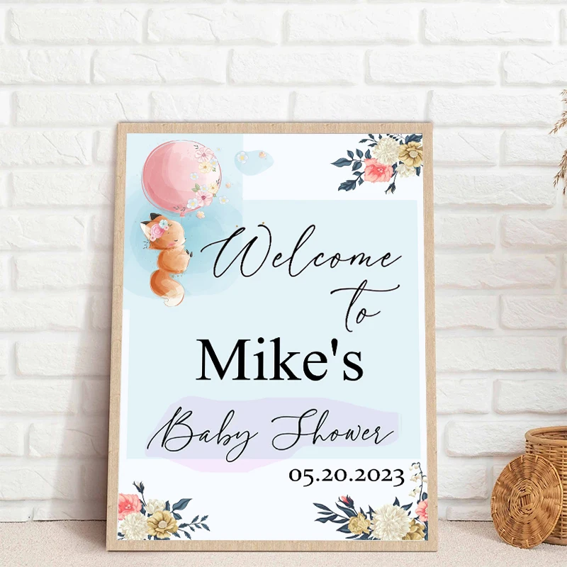 

Welcome to Baby Shower Poster Print Bear Fox Balloon Canvas Painting Custom Baby Birthday Party Art Wall Picture Personalise