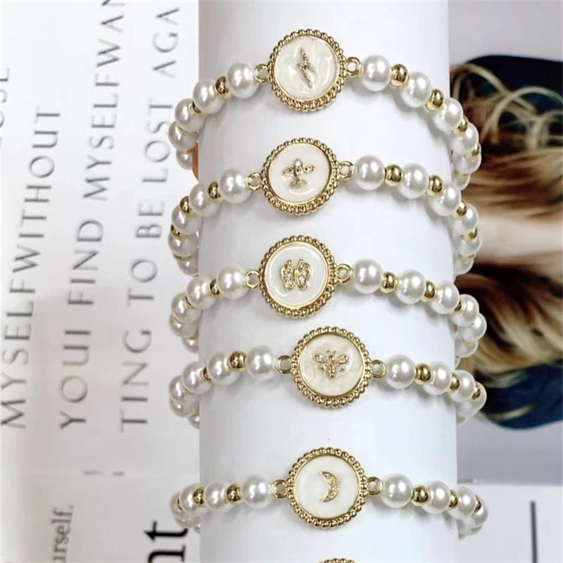 

5Pcs Fashion Enamel Moon Butterfly Stretch Bead Bracelet Round Pearl Bead Bracelet Handmade Boho Ethnic Animal Zircon Bracelets