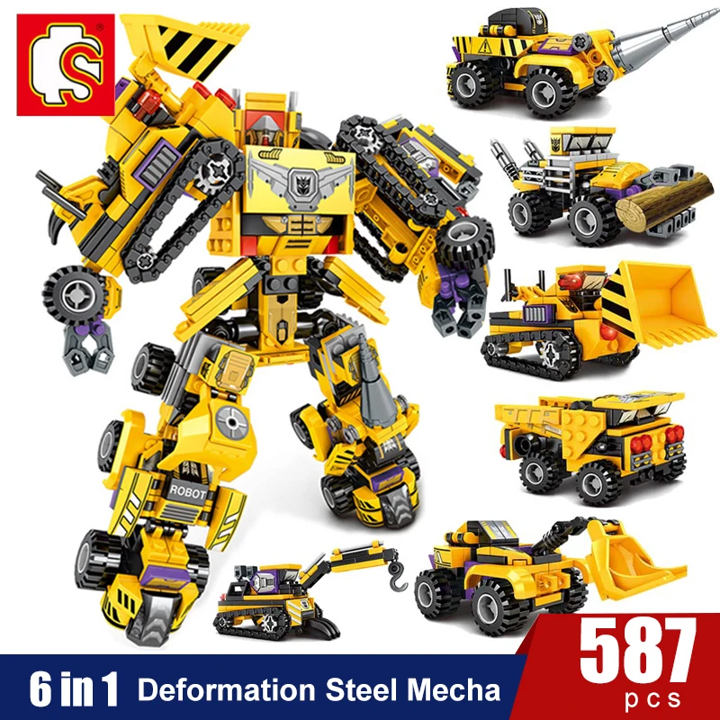 

SEMBO 6 in 1 Transformation Robot Building Blocks City Engineering Excavator Crane Dump Truck Mecha Construction Bricks Toys
