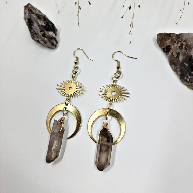 

Smoked Natural Quartz Earrings, Witchy Eye Moon Crystal Earrings, Celestial Jewelry Witch Gift, Boho, Goddess Jewelry