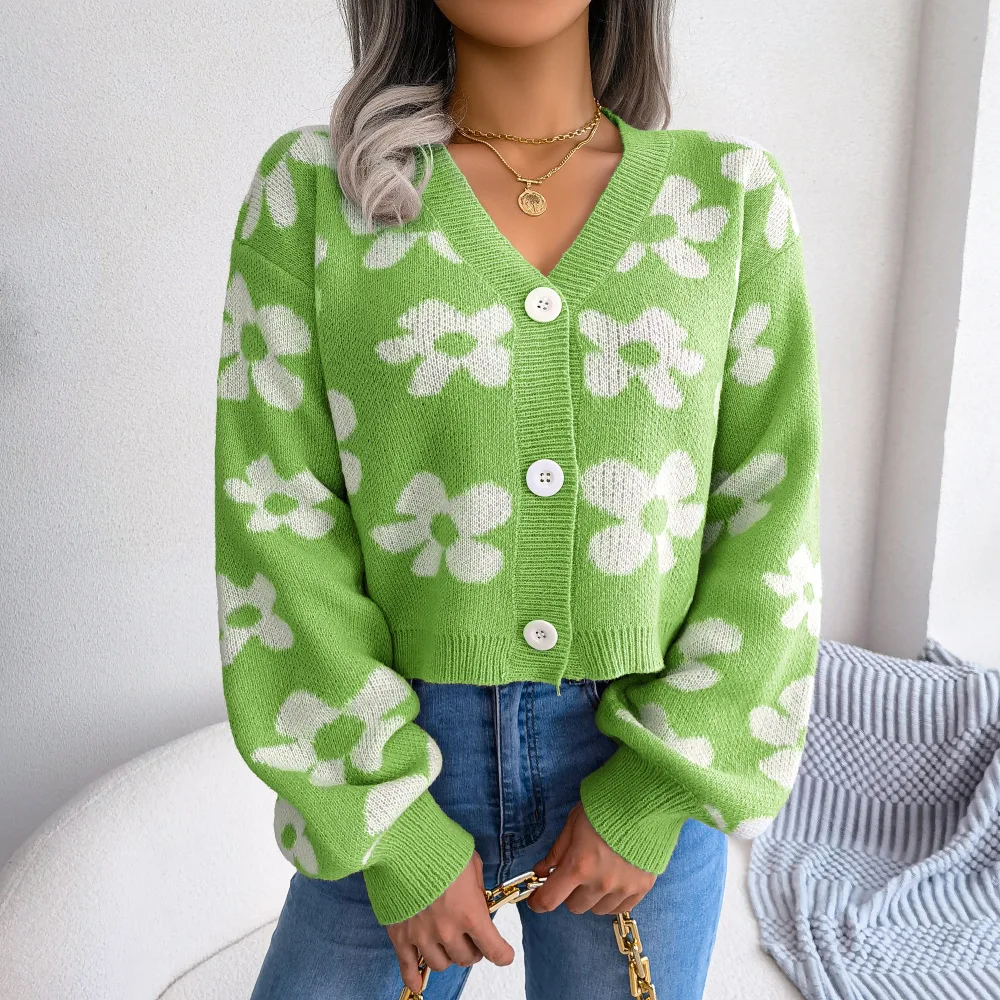 202 Autumn and Winter Fashion Contrast Color Flower Lantern Sleeve V-neck Cardigan Sweater Coat Women's Clothing enlarge
