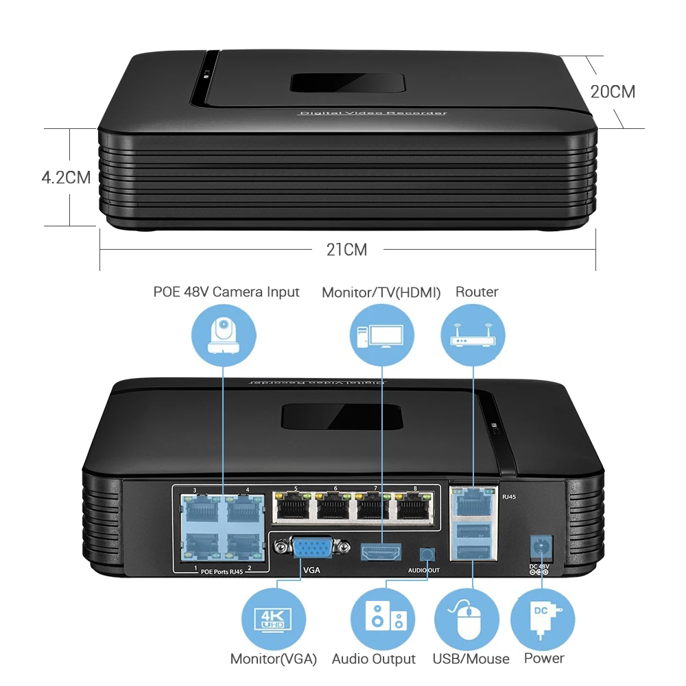 Фото 4K 8МП Ultra HD POE NVR 4/8-канальный видеорегистратор IEEE802.3af 48В POE для IP-систем безопасности с распознаванием лиц Xmeye и удаленным доступом H.265 №3
