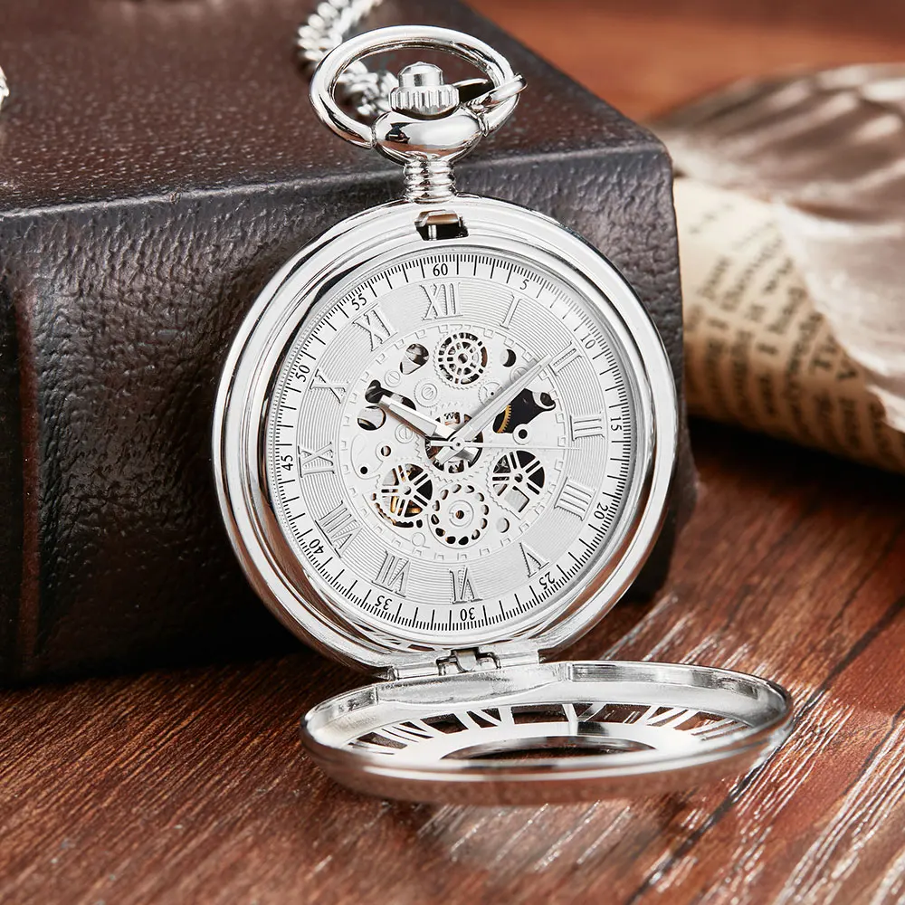 Silver Mechanical Pocket Watch With Chain Vintage Roman Numerals Hollow Sculpture Hand Wind Mechanical Pocket Watches Men