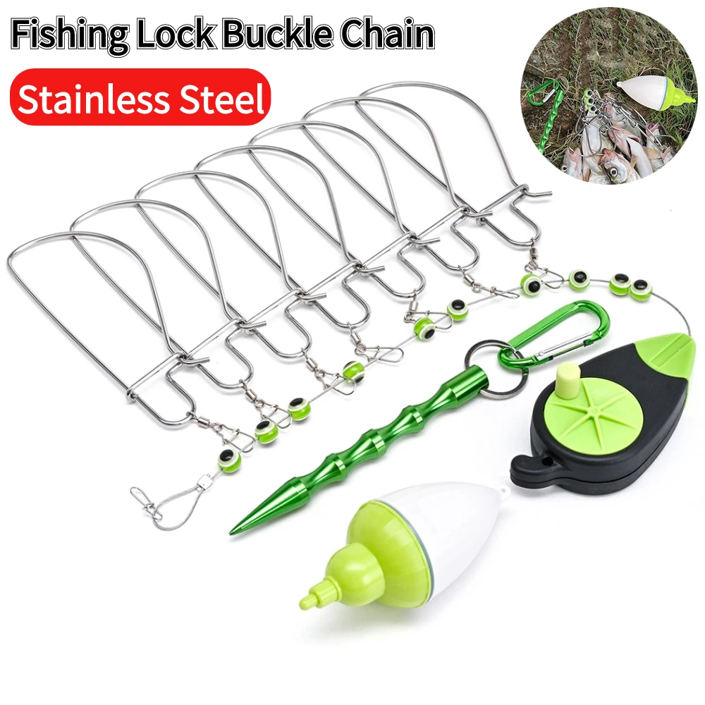 

7 Snaps Fishing Lock Buckle with Float Stainless Steel Chain Stringer Live Fish Lure Lanyard Lock Belt Tackle Tools Accessories