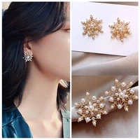 exquisite pearl christmas snowflake ear stud for women shiny rhinestone gold plated flowers earring girl christmas new year gift
