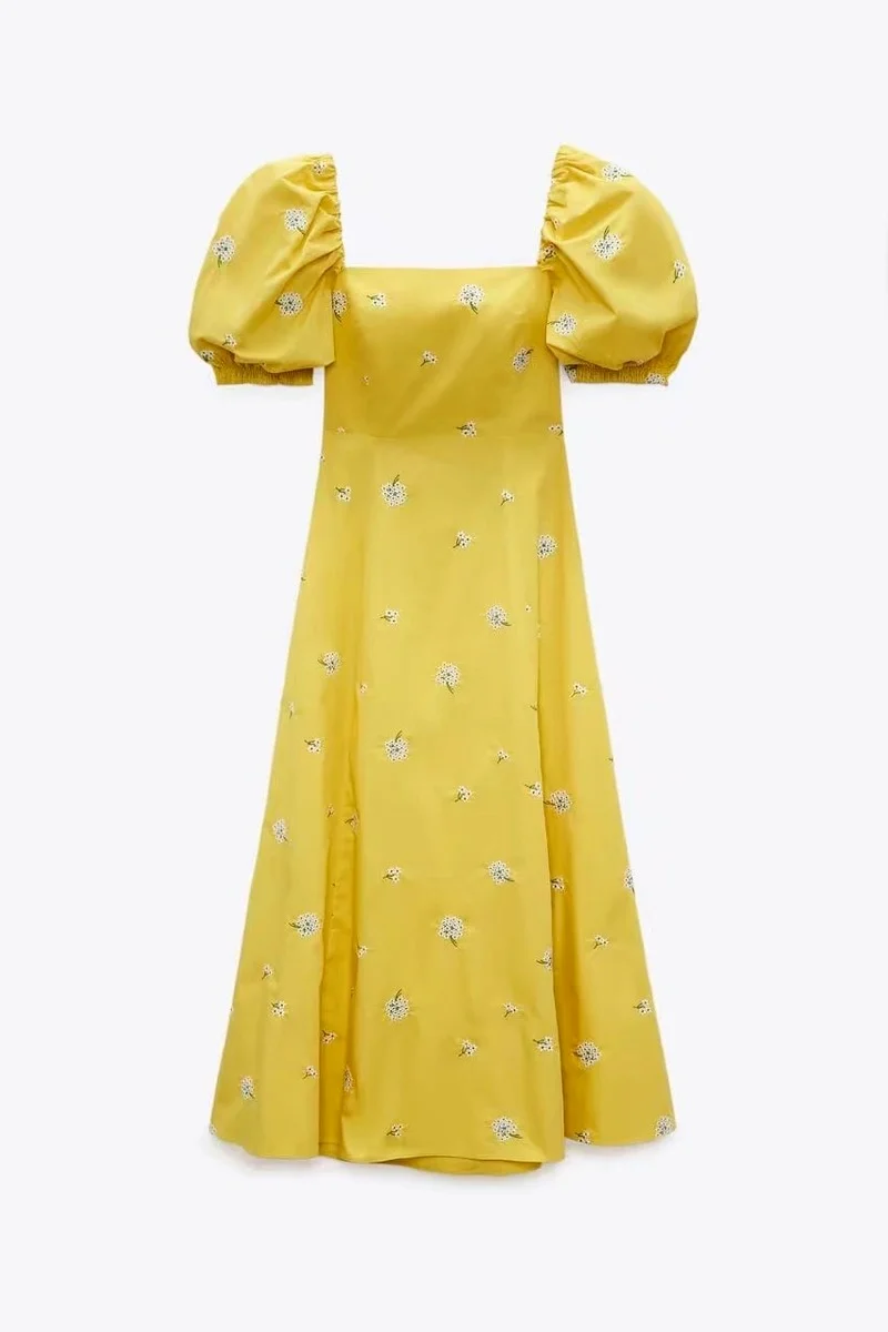 

Женское винтажное платье с вышивкой, желтое Элегантное Длинное праздничное платье-трапеция с квадратным вырезом и пышными рукавами, летнее...