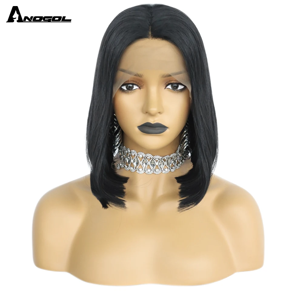 AN Synthetic 13X4 Black Lace front Wig 12IN Short Straight Bob Free Middle Part Wig Heat Resistant Fiber Wig for Brazilian Women