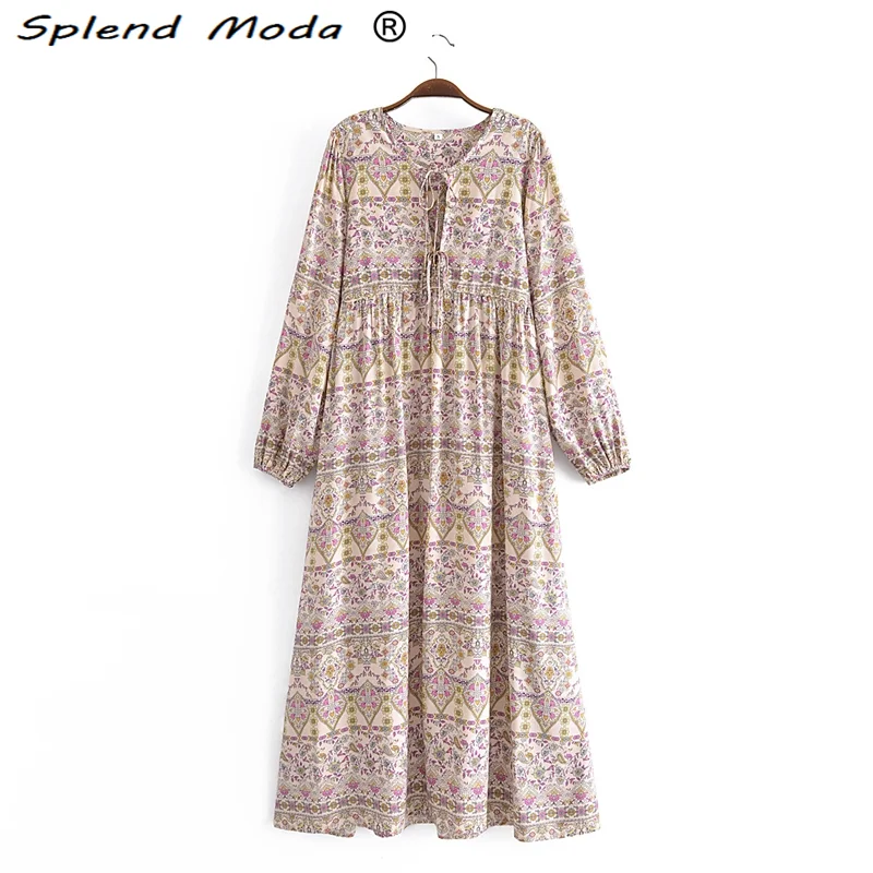 

Splend Moda New Autumn Bohemian Style Vintage Floral Printed Loose Cotton Dress Women Holiday Chic O-neck Long Dresses Female