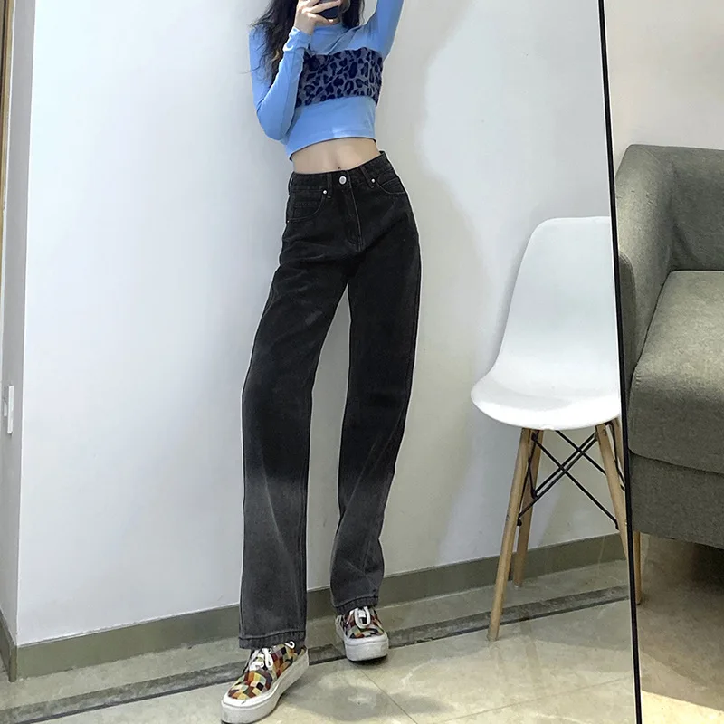 

Fashion Gradient Casual Straight-leg Jeans Women Street Indie Heart Print High Waist Loose Pants 2023 Spring Autumn New Trousers