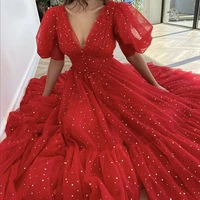 shinny mesh prom dresses evening party ball gown 2021 new fashion women v neck elegant vestido slit graduation robe