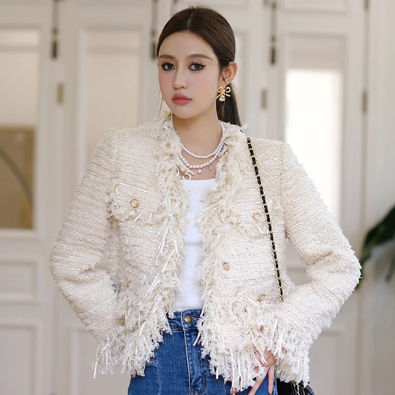 

harajuku Beige Jackets Women Fall V neck Slim Short Tassel Tweed Jacket Streetwear outwear