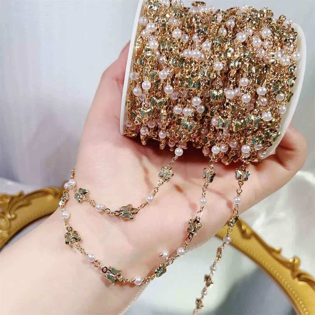 Модные медные цепочки с бабочкой и жемчугом 0 5/1 м розовые синие цветные для