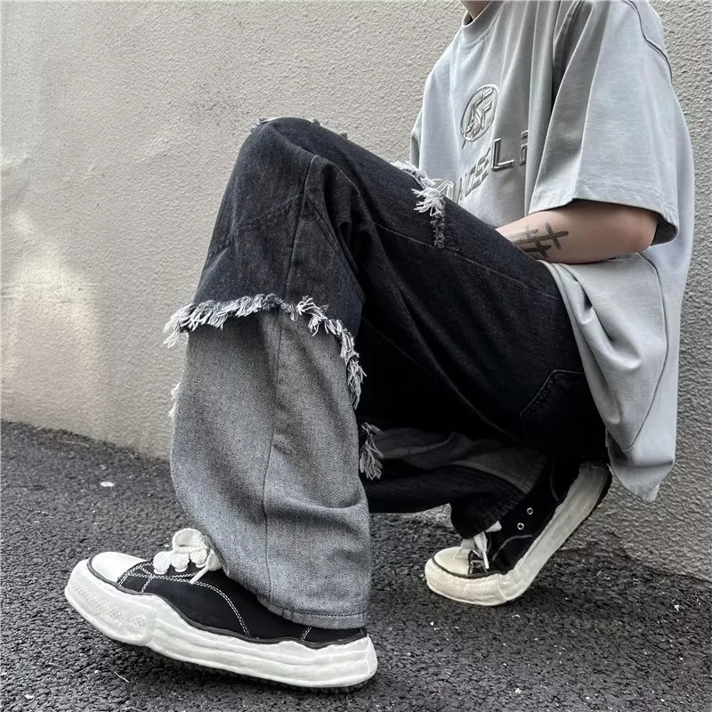 Black Baggy Jeans Men Fashion Casual Ripped Straight Jeans Men Japanese Streetwear Hip Hop Loose Hole Denim Pants Mens Trousers