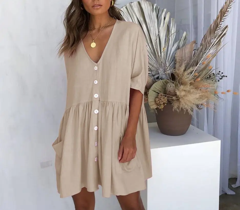 

2023 Summer Oversize Cotton Women's Dress Black A-line V-neck Pocket Elegant Dresses Female Casual Fashion Loose Clothes Ladies