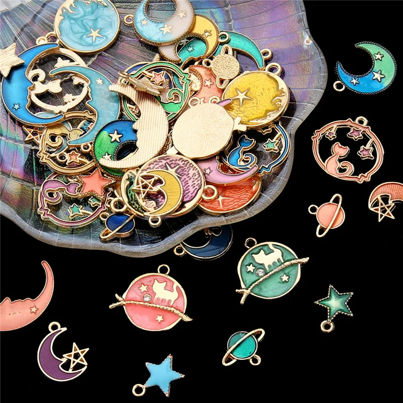 

8pcs Drop Oil Charms Mix Size Alloy Metal KC Gold Pendant 6 Color Cute Star Moon Charm for DIY Bracelet Necklace Jewelry Making