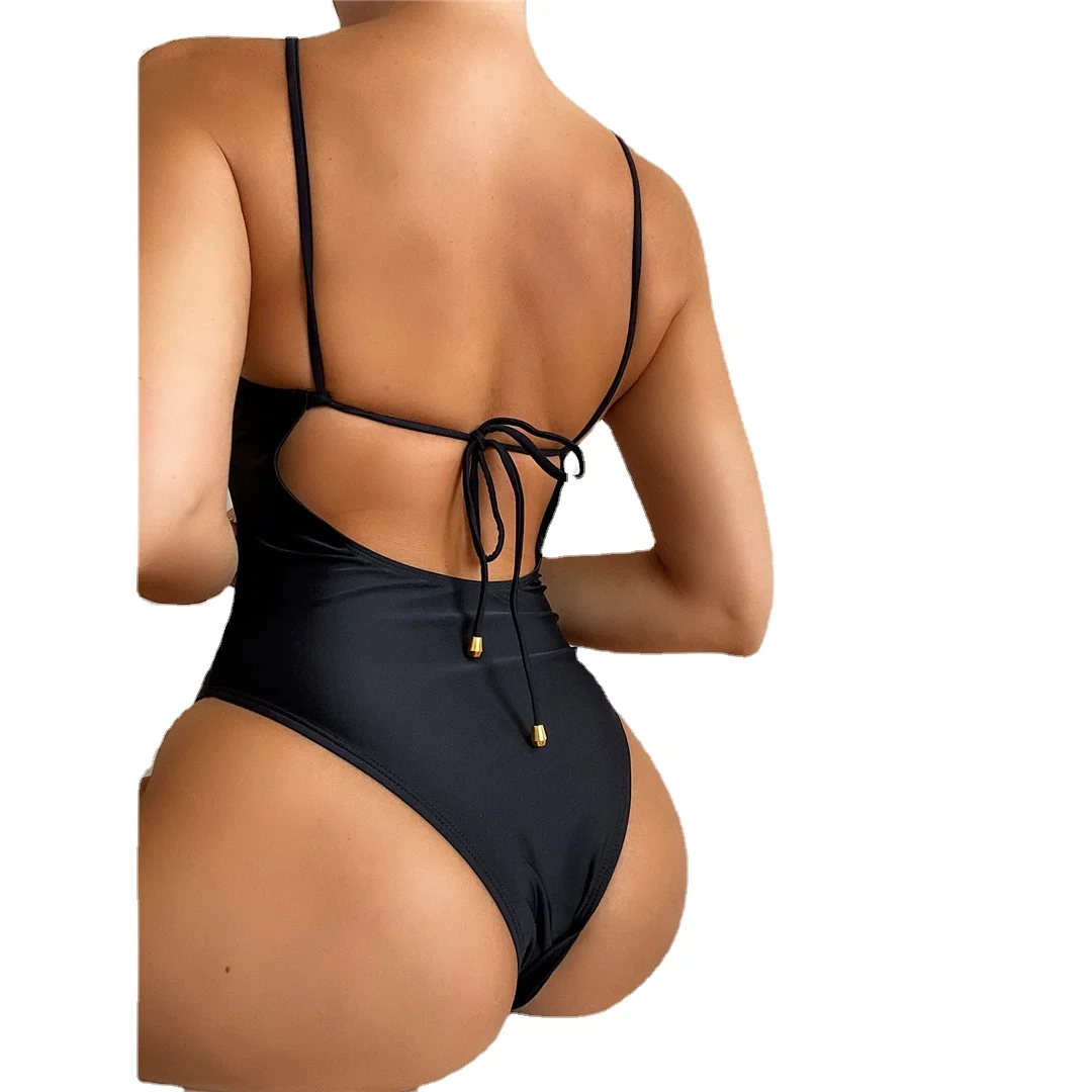 

Новинка 2022, сексуальная черная Цельный купальник с открытой спиной и высокими штанинами, женская пляжная одежда, женский купальный костюм, ...