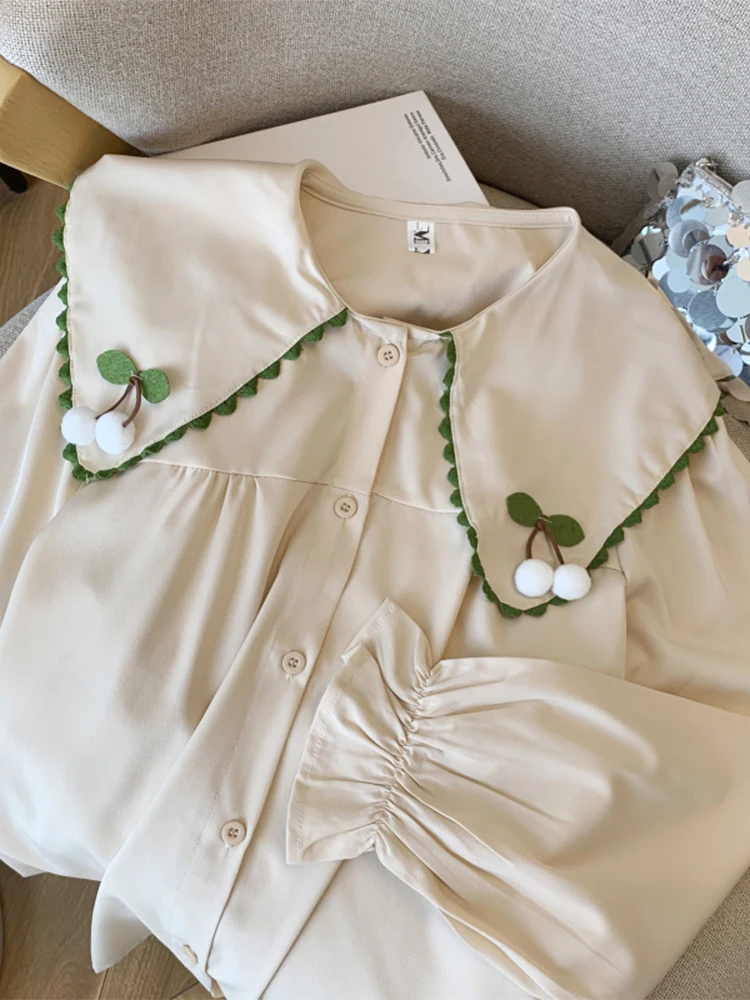 Женская винтажная рубашка оверсайз с длинным рукавом и воротником Питер Пэн Cutecore