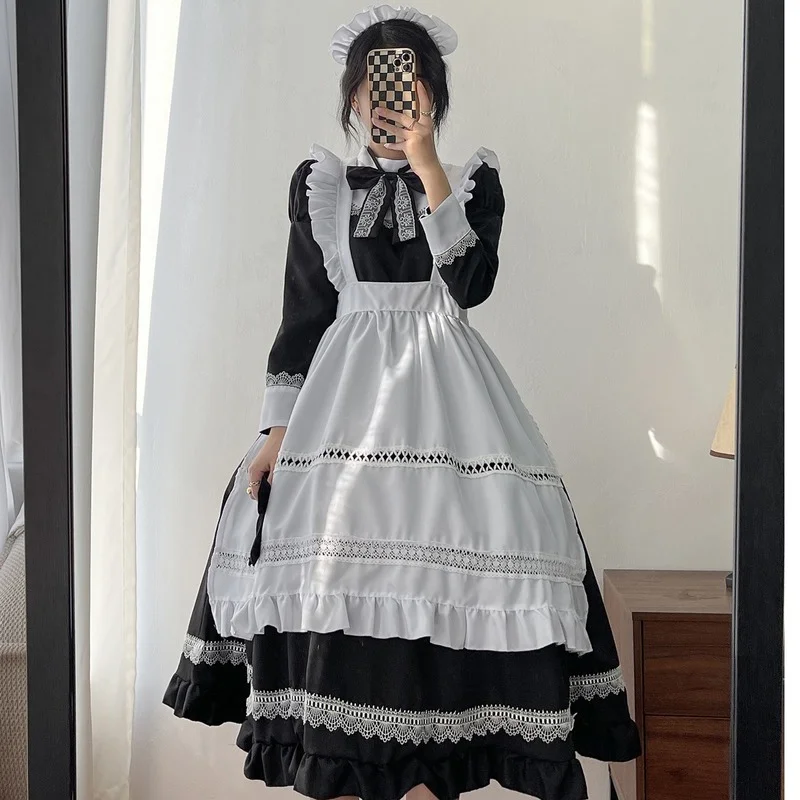 

Plus Size Lolita Dress Anime Cosplay School Girl Maid Uniform Goth Lolita Black White Medieval Dress Long Sleeve Apron Outfits