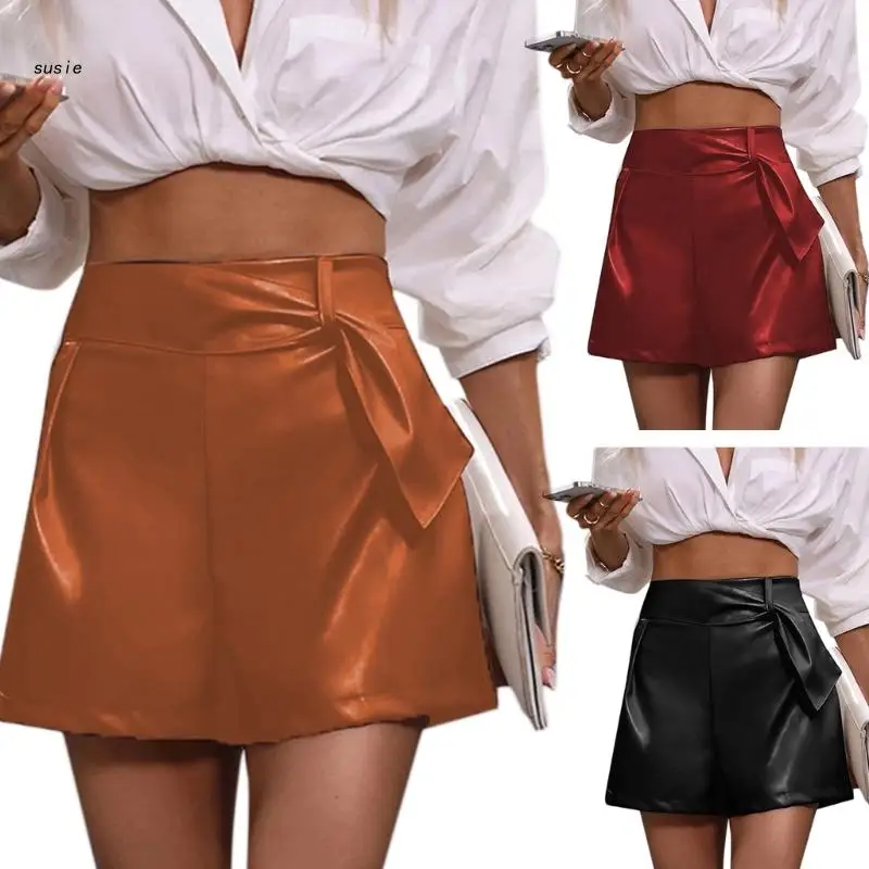 

X7YA Faux Leather Tummys Control Mini Midi Waist Insgram Style Short Pant A-Line Sexy Solid Ruffle Pant Zipper Closure Cloth