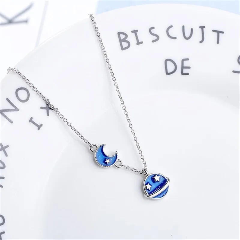 

2022 Trend New Blue Starry Moon Star Planet Pendant Necklace For Women Silver Color Jewelry Fashion Free Shipping Items Gifts