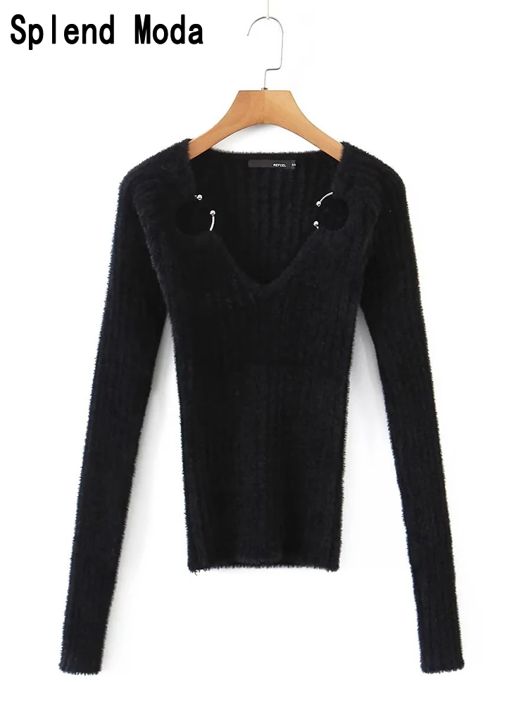 

2023 Women Autumn Fashion Hot Sweet Hollow Out Hairy Knitted Pullovers Sexy Slim Elastic Sweater Chic Long Sleeve Jumpers TRAF