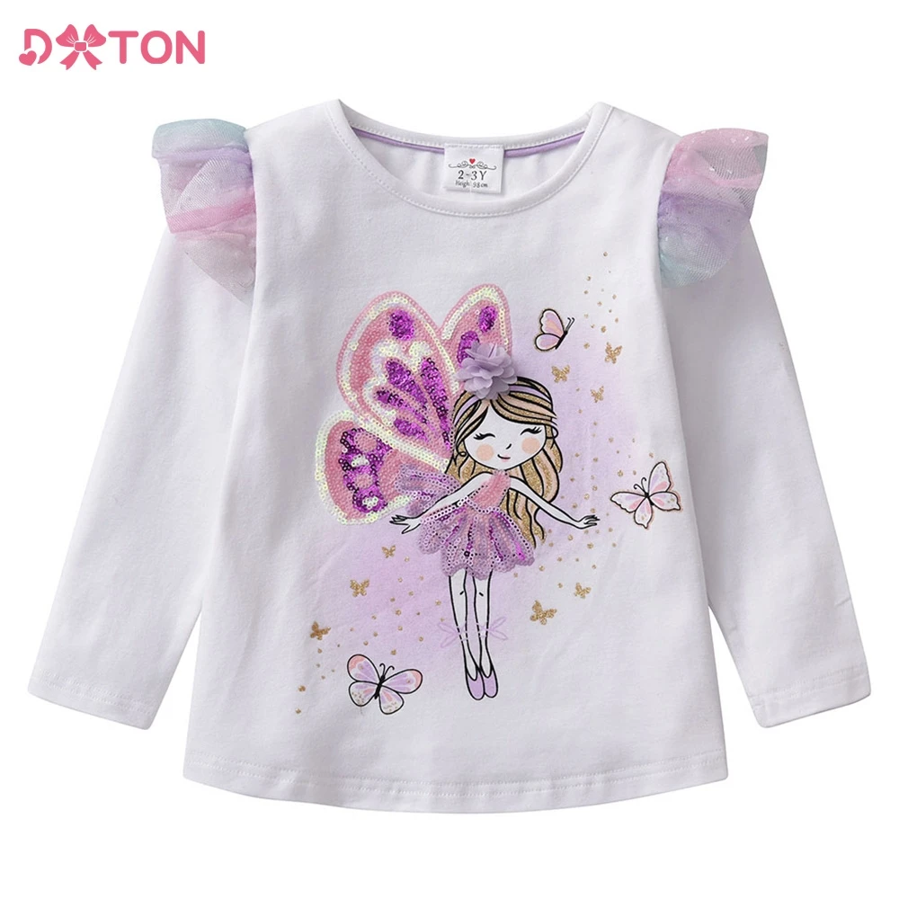 

DXTON Girls Long Sleeve T-shirts Children Butterfly Printed Tops Kid Casual Cartoon Sequin Top For 3-8 Years Girl Outwear Pink