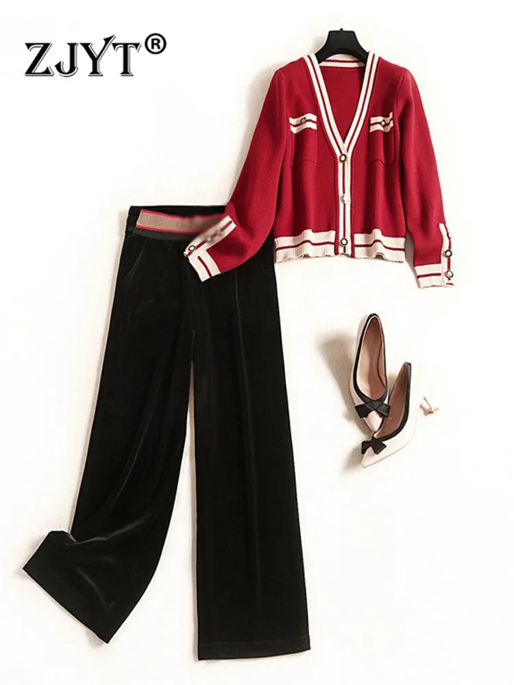 

ZJYT Autumn Winter Cardigan Sweater and Pants 2 Pieces Matching Sets for Women Ladies Velour Trousers Suit Elegant Outfit Casual
