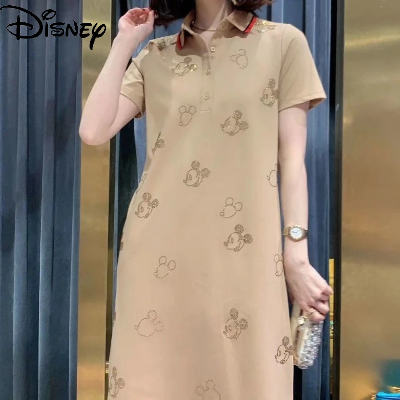 

Disney Mickey Summer Women's New Cotton Breathable Stick Drill Short Sleeve A-line Skirt POLO Collar Slim Fit Loose Top Dress