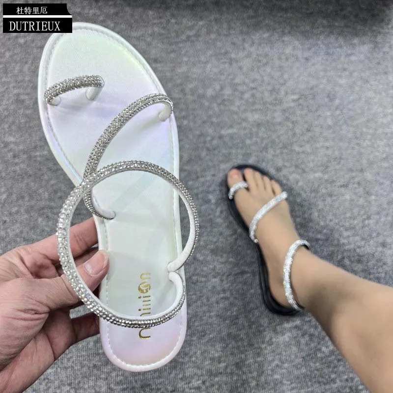 Luxury Slippers Sandals Ladies Women Flip Flops Flats Summer New Rhinestones Outside Casual Gladiator Slides 2023 Female Shoes