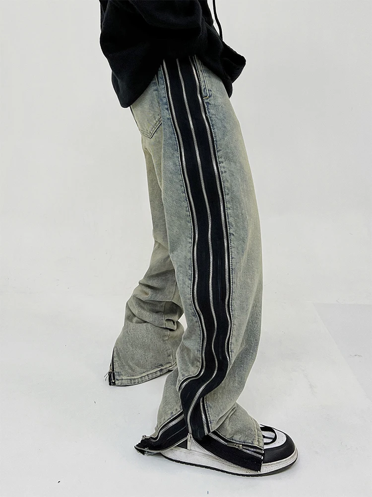 

Men'S Loose Fitting Wide Leg Jeans Y2k Vintage Washed Patchwork Zippered Denim Pants American High Street Trendy Straight Pants