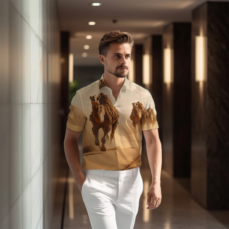 

2023 New Summer Fashion Casual Short-sleeved Shirt Desert Camel 3d Printed Shirt Trendy Comfortable Shirt Large Size Top