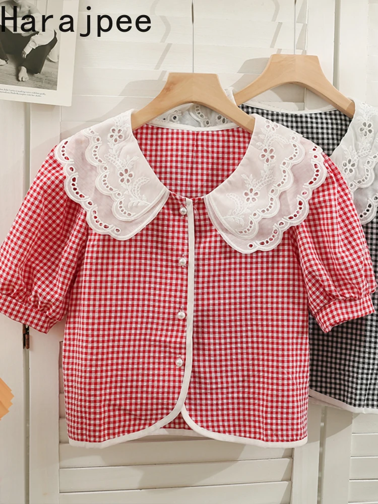 

Клетчатая рубашка в стиле харадзпи с кукольным воротником, свободные летние винтажные повседневные корейские шикарные женские топы контра...
