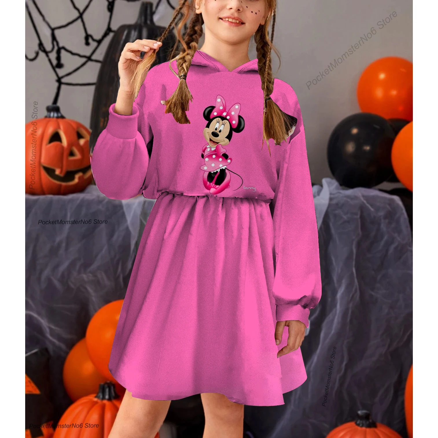 

New autumn and winter girls' clothing Disney Minnie hoodie dress printing casual cute warm princess skirt children's clothing