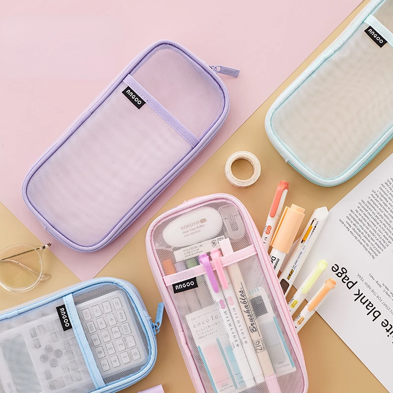 

1pcs Kawaii Korean Simple Candy Colors Mesh Pencil Case Large Capacity Transparent Stationery Box Student Pencil Bag Supplies