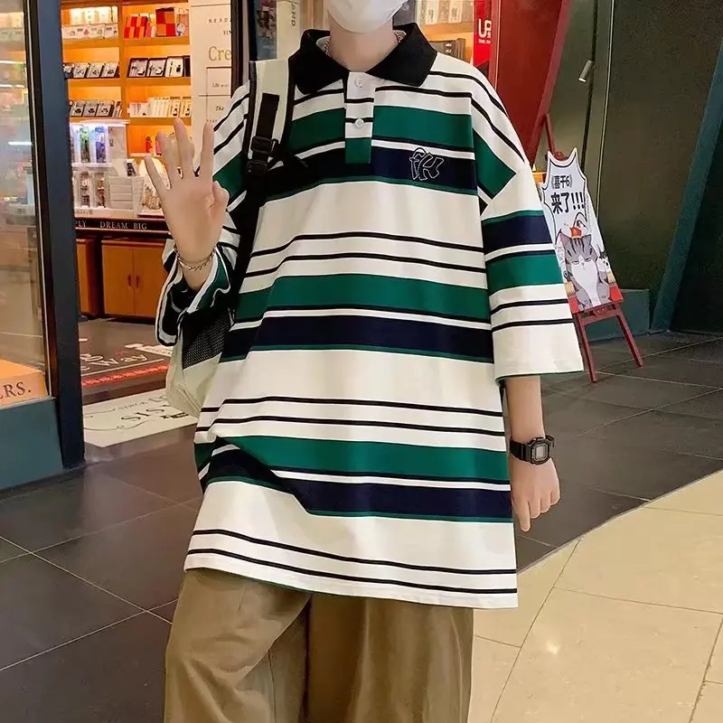 

Striped polo shirt men's short-sleeved lapel t-shirt summer 2022 new Korean version trend loose oversize top