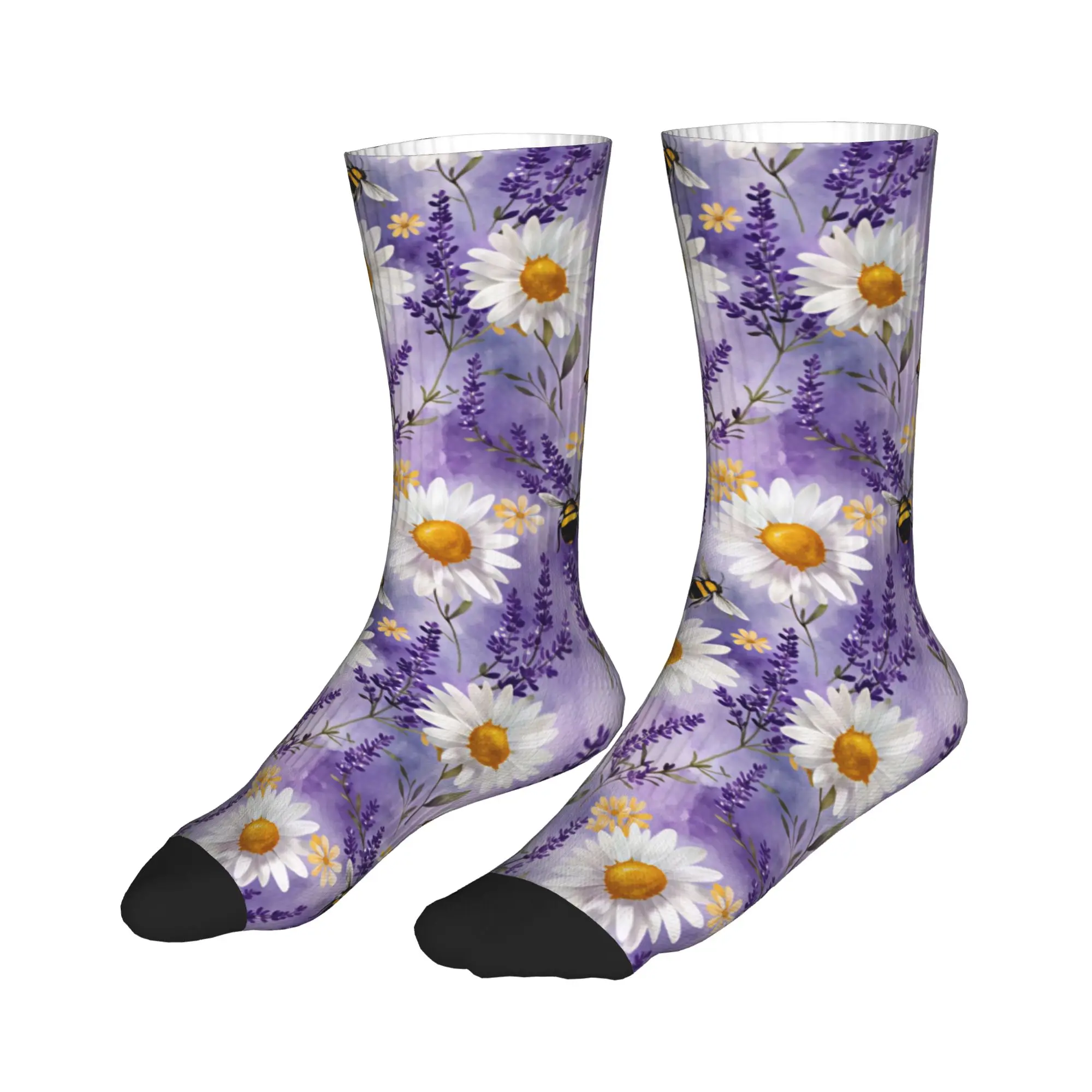 Фото Носки Harajuku Bee Lavender Daisy Watercolor для женщин и мужчин, теплые спортивные баскетбольные носки с 3D принтом №3