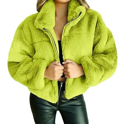 Korean Casual Plush Coat 2023new Green Short Faux Fur Coats Women Stand Collar Overcoat Winter Thicken Warm Furry Jackets Woman