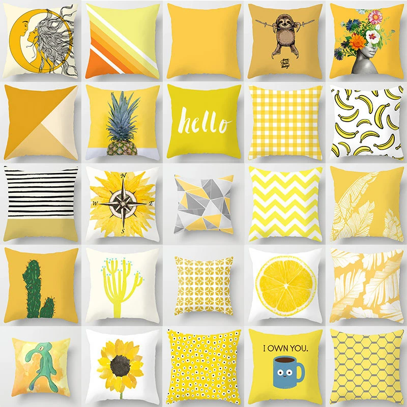 

45*45cm Yellow Series Cushion Cover Plaid Flower Letters Print Sofa Pillow Cases Home Decor Car Office Decorative Accessories