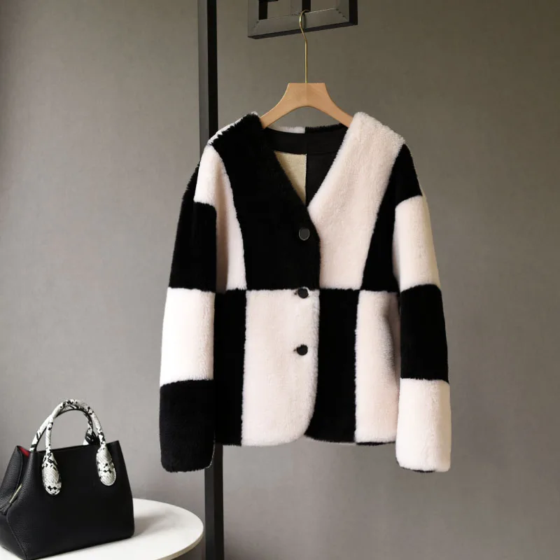 2022 Winter New Women Fashion High Quality Thick Genuine Lamb Fur Coats Luxury Fur Overcoats Female Elegant Patchwork Jacket C74