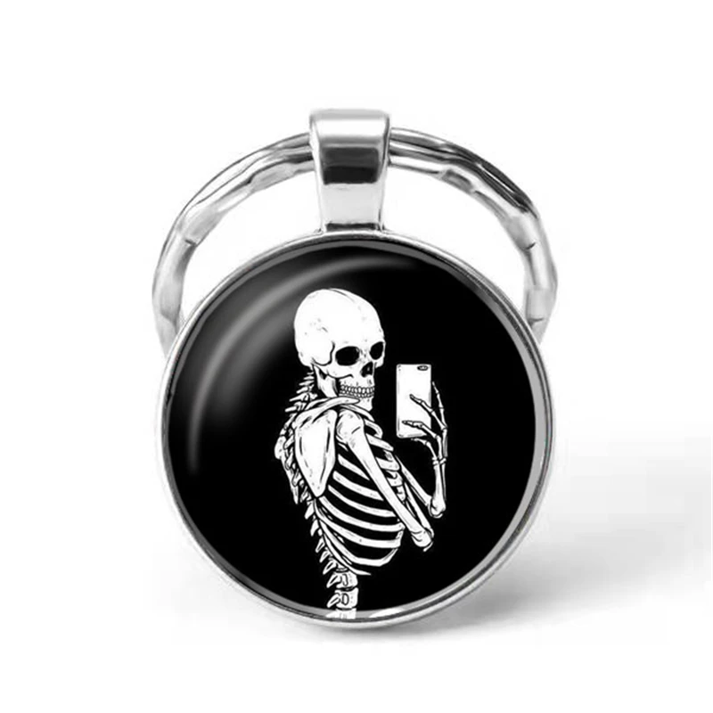 

Glass Keychain Dome Sexy Skeleton Keychain, Dome Keyring Skeleton Taking Selfie Keychain, Keychain Gift for Friends