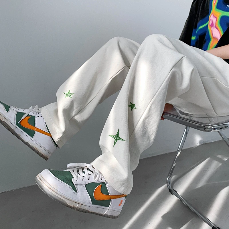 

White/Black Letter Star Embroidery Denim Pants Men Fashion Korean High Street Jean Pants Male Loose Straight Hip Hop Jeans