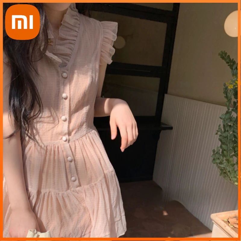 

Xiaomi Casual Women Dresses Beach Party Summer Sleeveless V-Neck Desgin Elegant Sundress Female Lace Pink One Piece Dress Korean