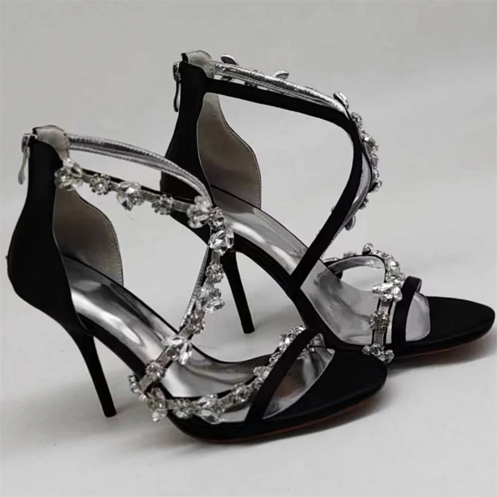 

Новинка лета 2023, модные женские босоножки на высоком каблуке-шпильке с круглым носком и перекрестными ремнями, Подиумные шоу со стразами/искусственными камнями