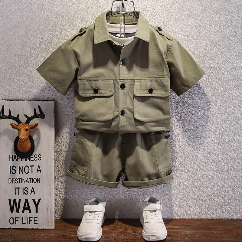 

Western Baby Boys Clothes 2023 Summer Shorts Suit Army Green Button Lapel Shirt Multi-pocket Workwear Child Set 2 to 8 Years Kid