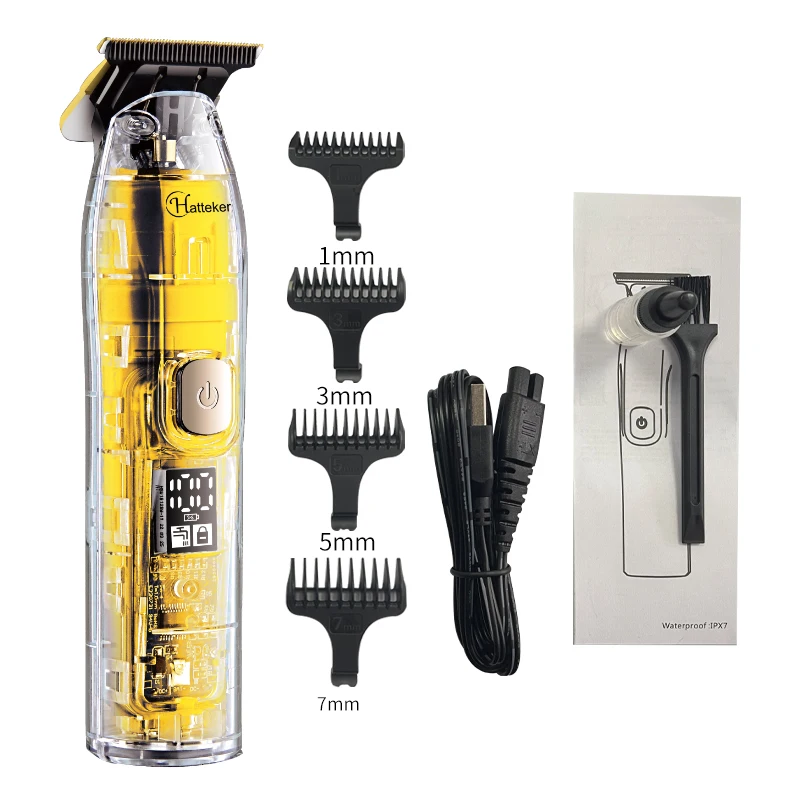 

Беспроводной электрический триммер для волос Hatteker, мощная машинка для стрижки бороды для мужчин, прозрачная машинка для стрижки волос